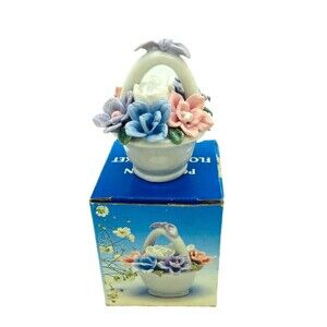 Flowers Basket Figurine Porcelain 3” Small Mini Beautiful Vintage New Box Shiny